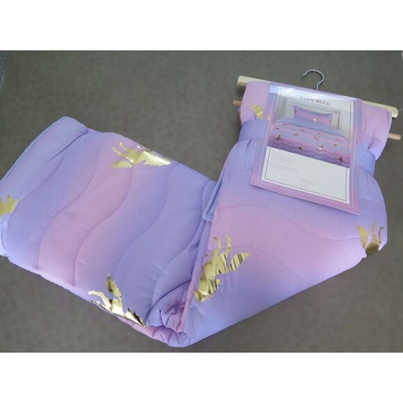 KIDS RULE UNICORN GOLD METALLIC PINK/PURPLE OMBRE REVERSIBLE TWIN QUILT SHAM SET - Picture 4 of 5